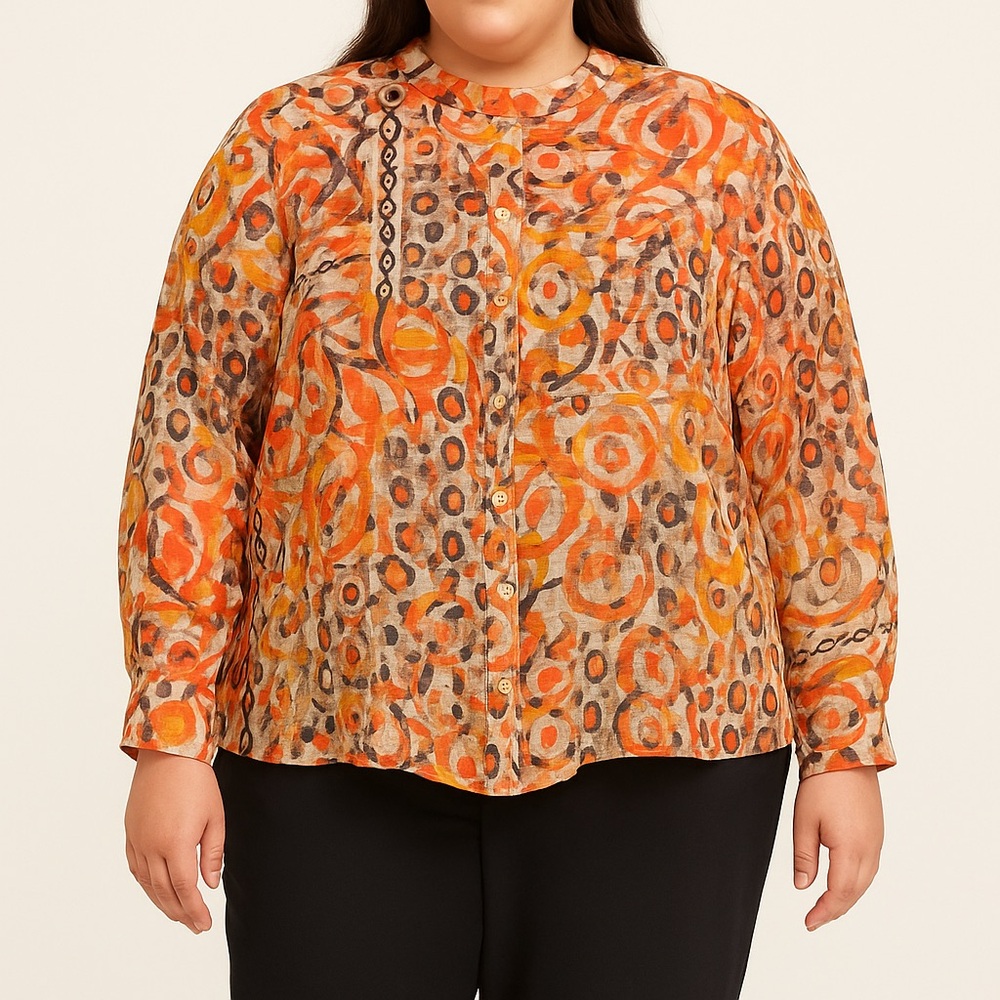 RUBY RD. Orange Abstract Button Down‎ Top Size 14 Mesh Detail Smocked Back Waist